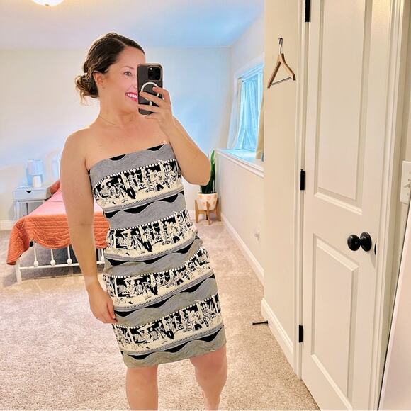NWT Vintage David Meister White Black Strapless Printed Mini Dress 12 - Picture 1 of 15